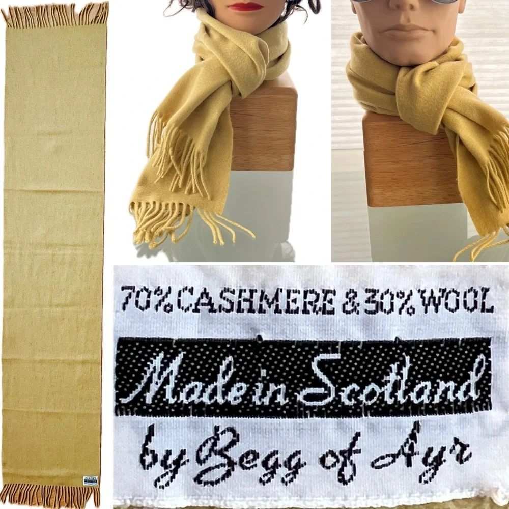 🐑Soft Cashmere Wool Blend Dry Yellow Fringe Vintage Begg of Ayr Scotland Scarf